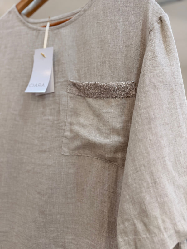 Blusa lino lentejuela bolsillo