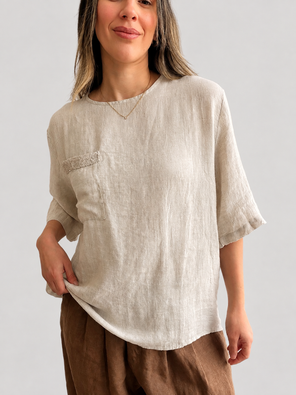 Blusa lino lentejuela bolsillo