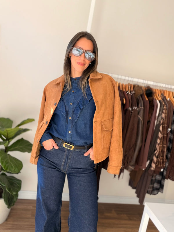 Chaqueta efecto gamuza bolsillo